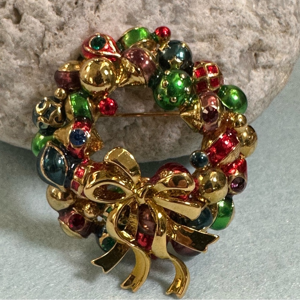 Christopher Radko Vintage Wreath Brooch | Pin Enamel and Rhinestone